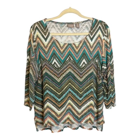 Chico's Blouse Women's Size Large‎ Aztec 3/4 Sleeve Green Black Chicos 2 - Picture 1 of 4